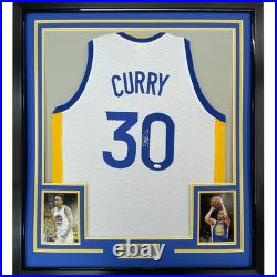 Framed Autographed/Signed Stephen Steph Curry 35x39 White Jersey JSA COA