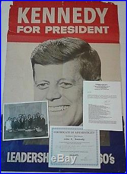 John F Kennedy Signed Large Campaign Poster With Photo Owned By Jfk With Coa